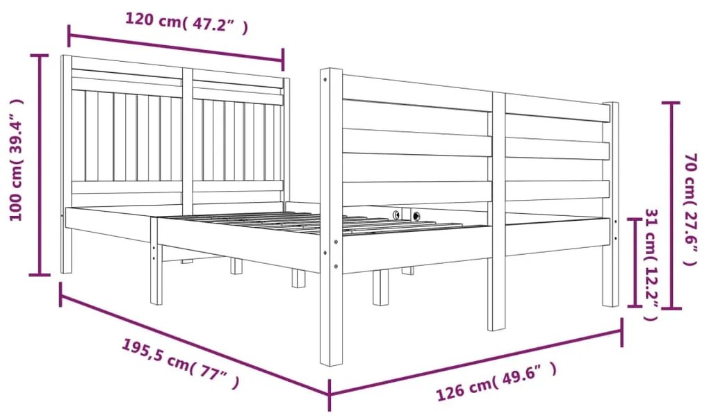 Cadru de pat Small Double 4FT, alb, 120x190 cm, lemn masiv Alb, 120 x 190 cm