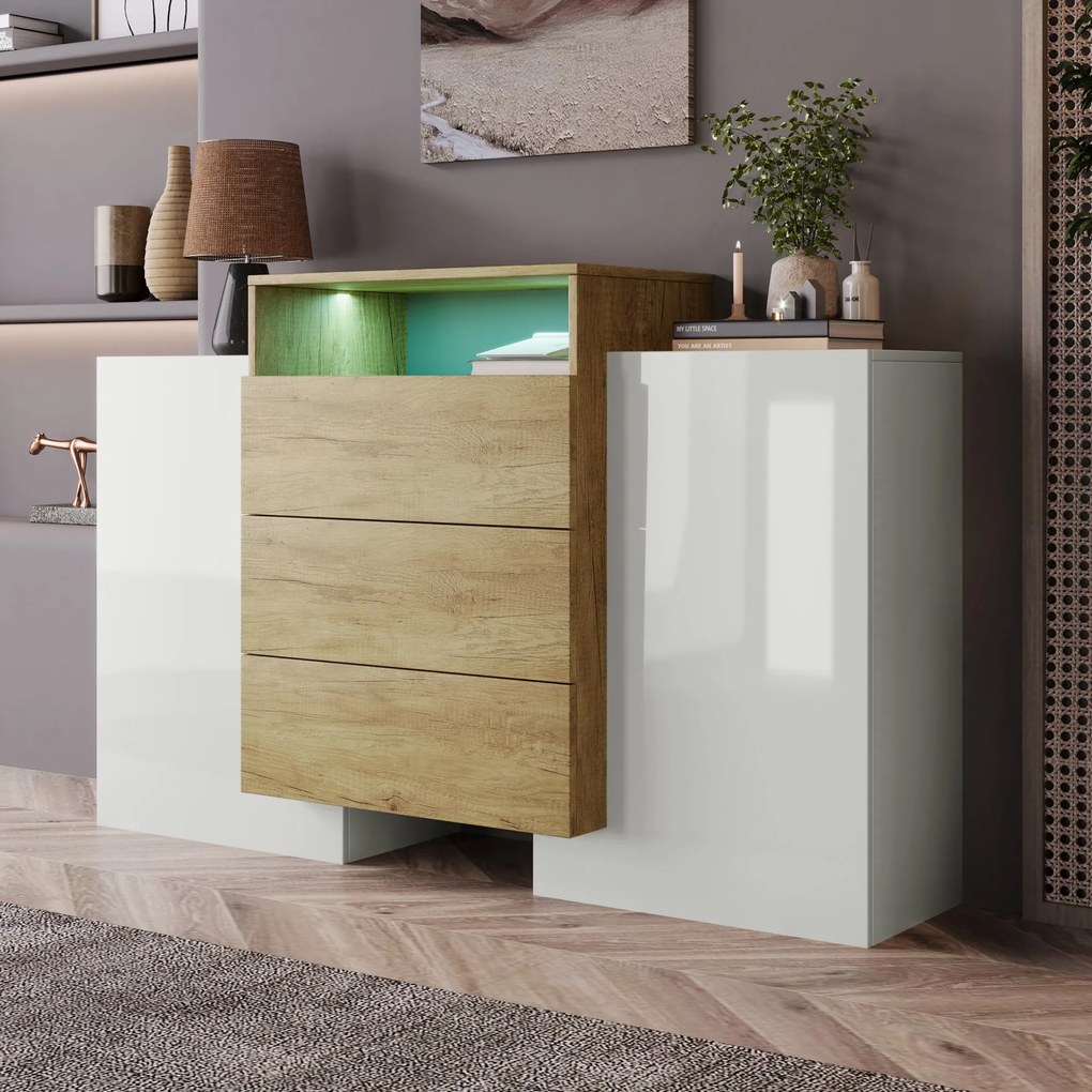 Comodă Modernă cu LED Multicolor, Alb+Culoare naturală | Aosom Romania
