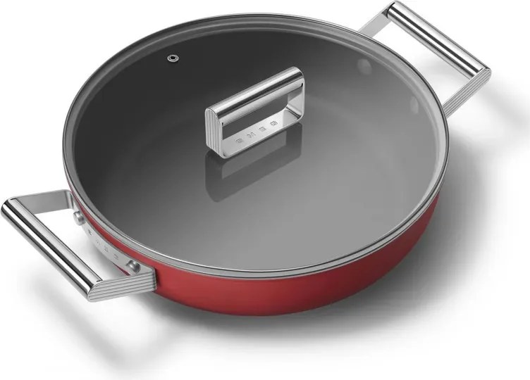 Cratita cu capac Smeg CKFD2811RDM, 28 cm, 3,7 l, Acoperire antiaderenta cu 3 straturi, Cuptor pana la 250°C, Fara PFAS, Toate plietele inclusiv inductie, Rosu