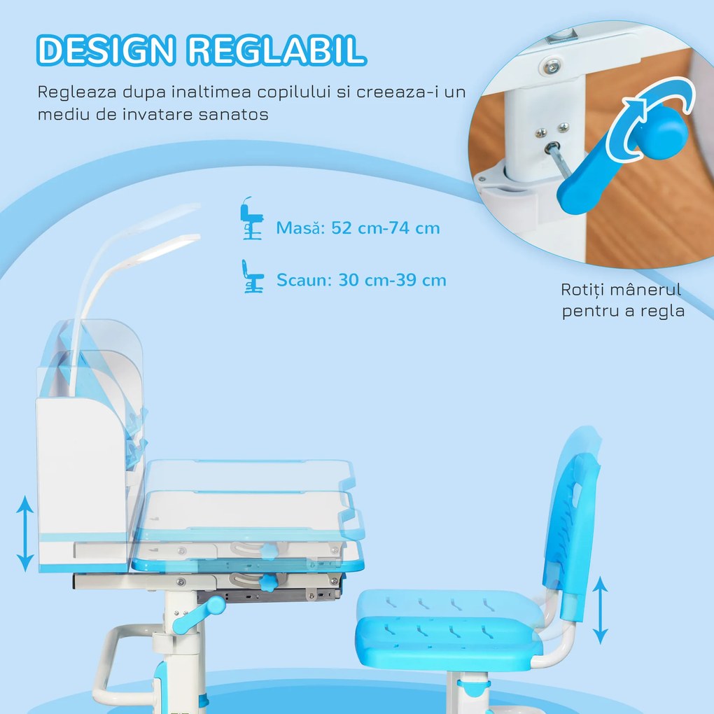 HOMCOM Set Masă și Scaun pentru Copii 6-12 Ani Reglabile pe Înălțime și Blat Înclinabil 45°, 80x54,5x82-104 cm, Albastru | Aosom Romania