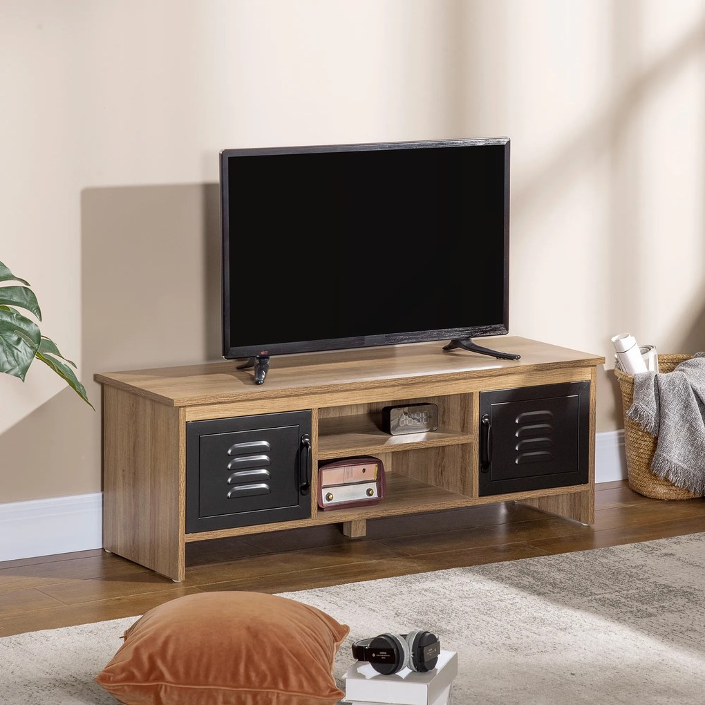 HOMCOM Comodă TV 110 cm, Design Industrial, cu 2 dulapuri, 2 nișe, 2 orificii pentru cabluri, Aspect lemn cu vene, Uși metal negre | Aosom Romania
