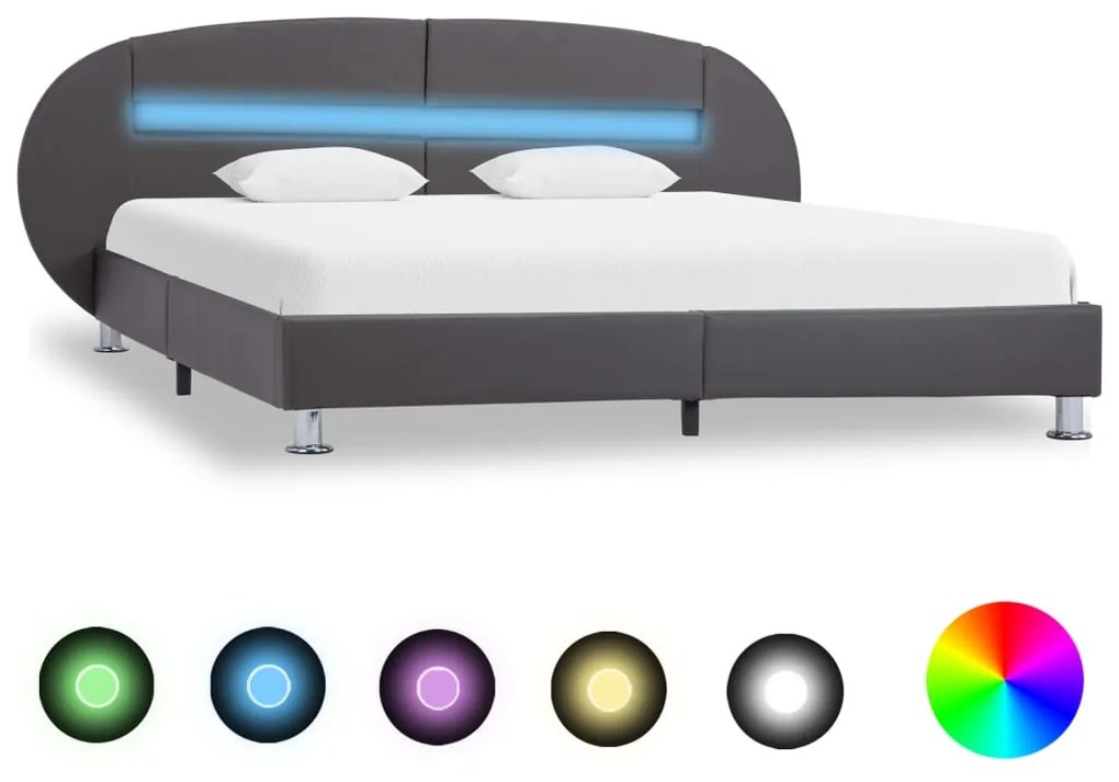 285443 vidaXL Cadru de pat cu LED, gri, 180 x 200 cm, piele ecologică