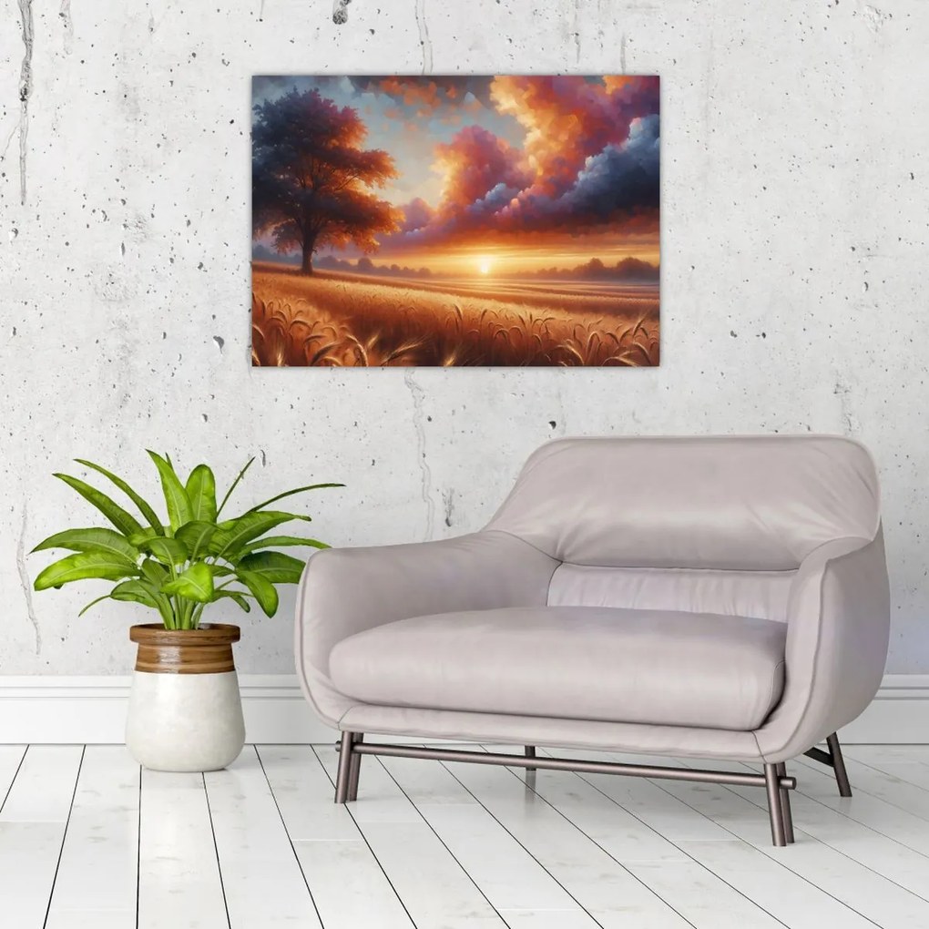 Tablou pe sticlă – Apus de soare pe câmp (70x50 cm)