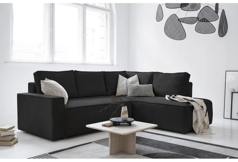 Colțar gri antracit extensibil cu tapițerie din catifea reiată (cu colț pe partea dreaptă) Brave Dave – Miuform
