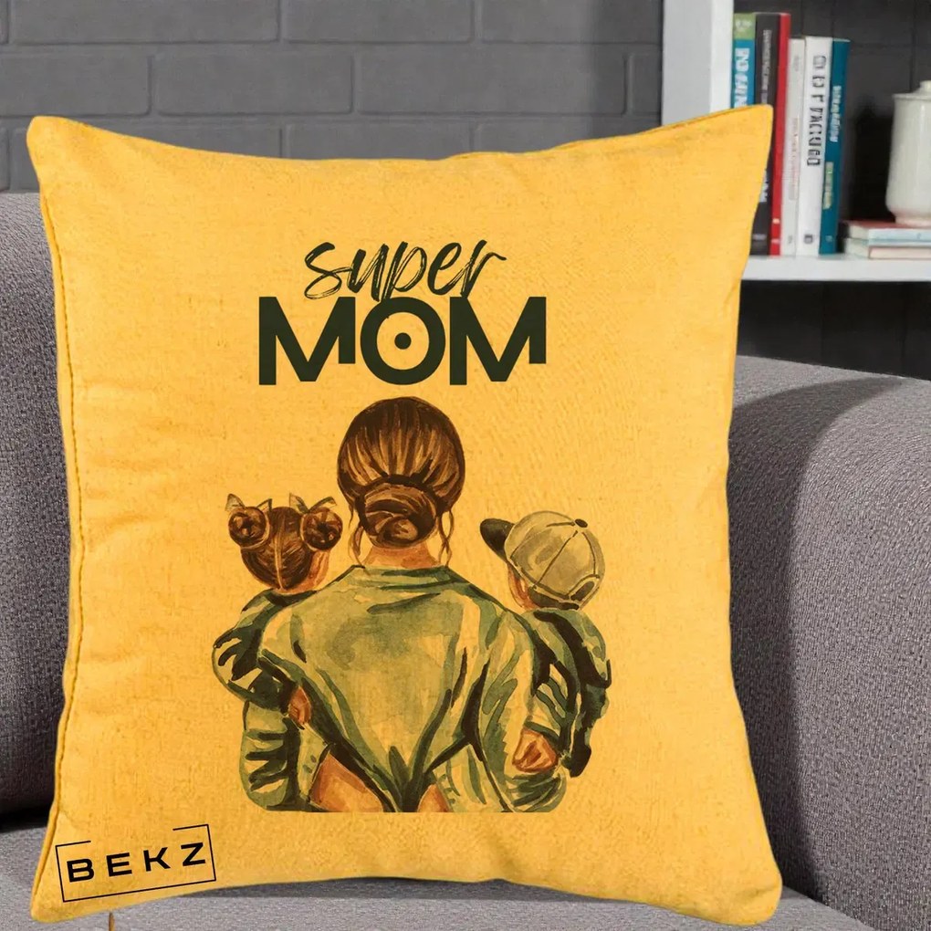 Cadou pentru Mama - Perna Personalizata Super Mom, 40x40 cm, Galben, Husa Detasabila, Perna Inclusa, BEKZ®
