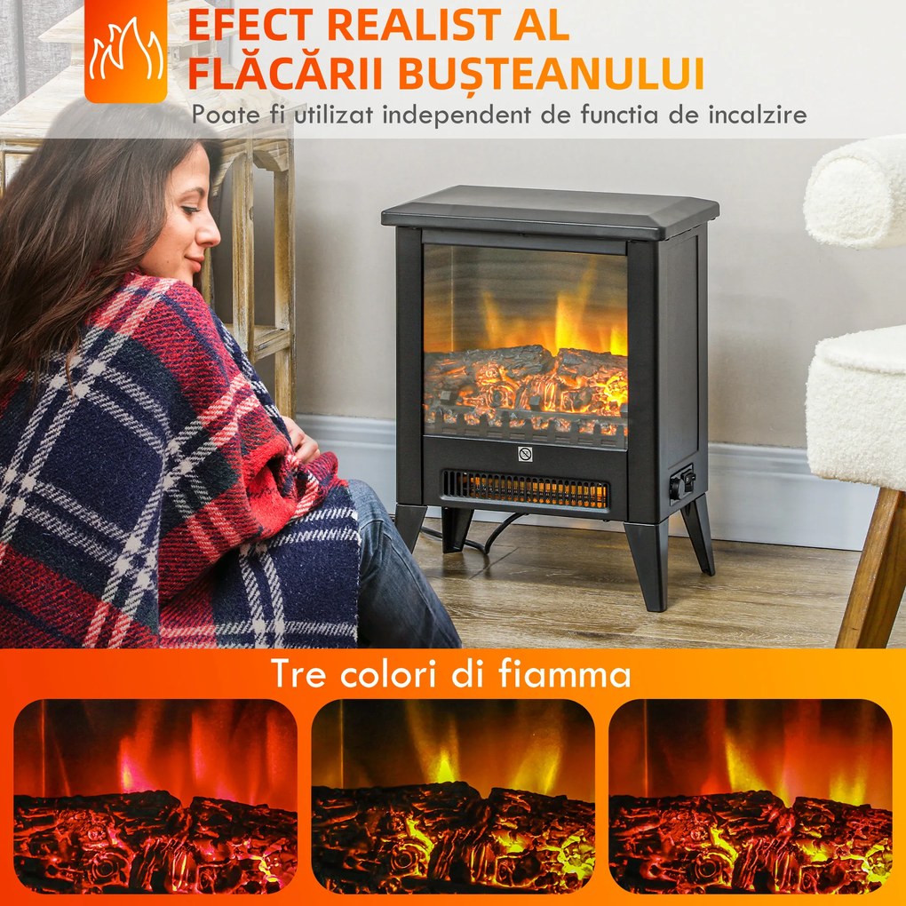 HOMCOM Șemineu Electric cu Efect Flacără 3D pe 3 Intensități, Oprire Automată, Încălzire Reglabilă, 36x21x47 cm, Negru | Aosom Romania