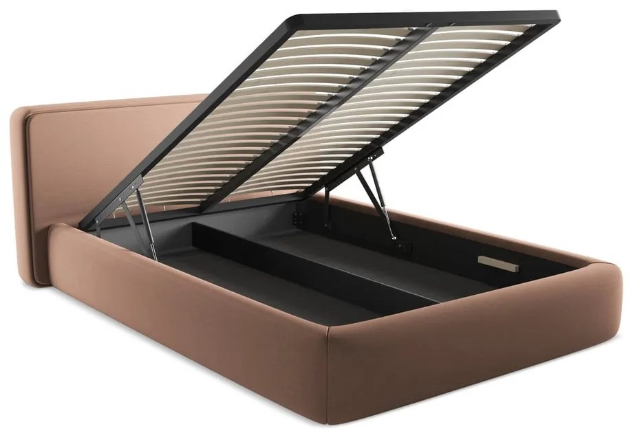 Pat matrimonial roz deschis tapițat cu spațiu de depozitare cu somieră 140x200 cm Kiana – Makamii