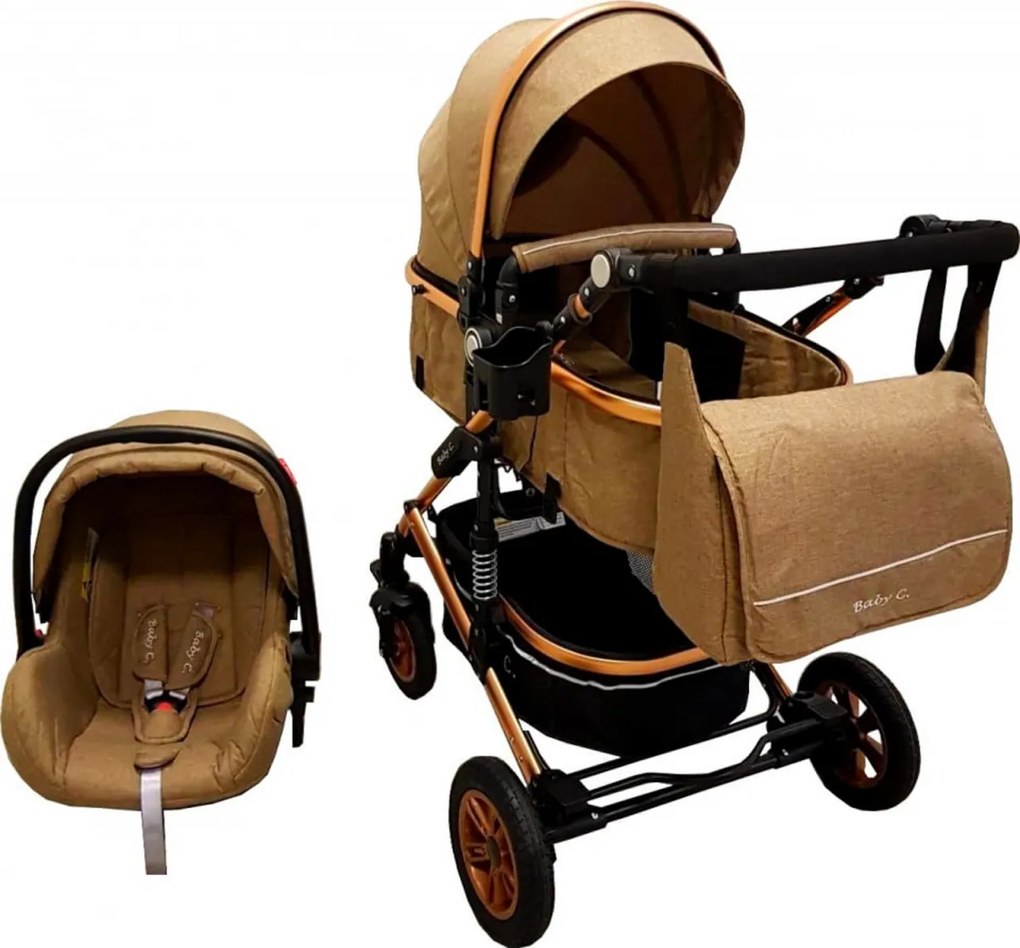 Carucior nou nascuti 3 in 1 Baby Care™ PRO 531 , Cu geanta Bebe inclusa, Cadru Aluminiu Gold, Amortizoare, Roti din cauciuc plin AVE, Landou, Scoica