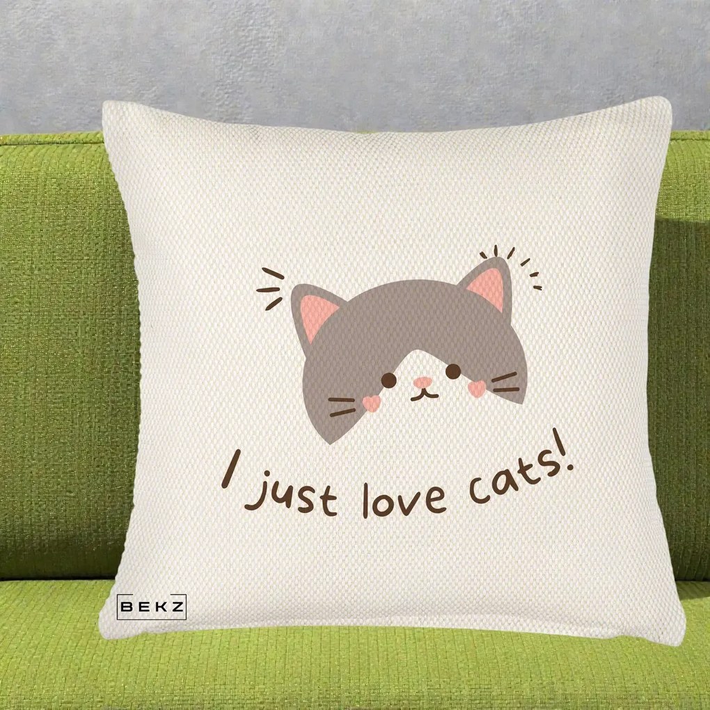 Perna Personalizata I Just Love Cats Pisica Kawaii, 40x40 cm, Crem Reliefat, Husa Detasabila, Perna Inclusa, BEKZ®