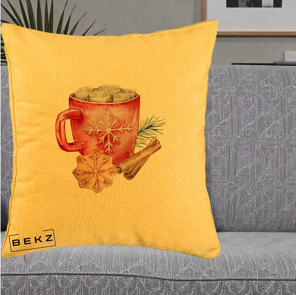 Perna Decorativa Cacao de Iarna cu Biscuit, 40x40 cm, Galben, Husa Detasabila, Perna Inclusa, BEKZ®