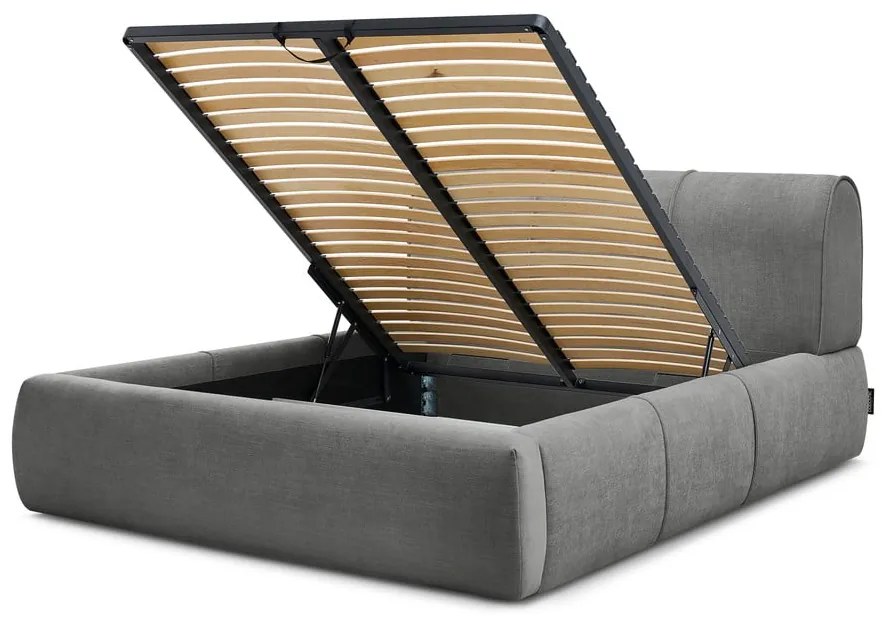 Pat matrimonial gri tapițat cu spațiu de depozitare și somieră 180x200 cm Vernon – Bobochic Paris