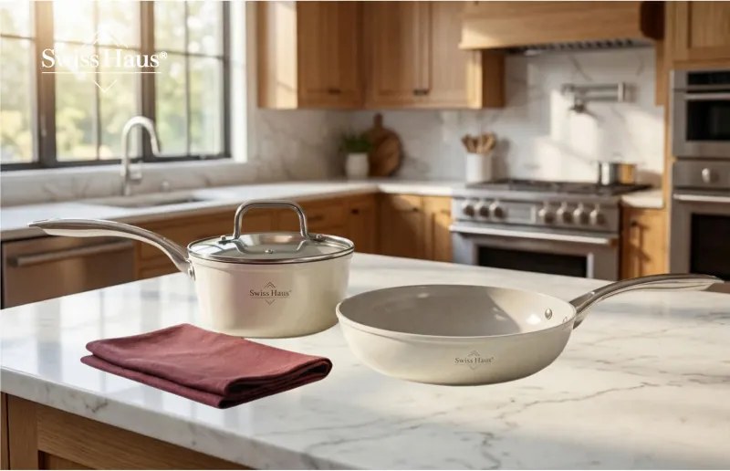 Set de oale si tigai Swiss Haus SH-CC4014CR, 14 piese, Acoperire ceramica Sapphire, Inductie, Cuptor pana la 220°C, Fara PFAS, Crem