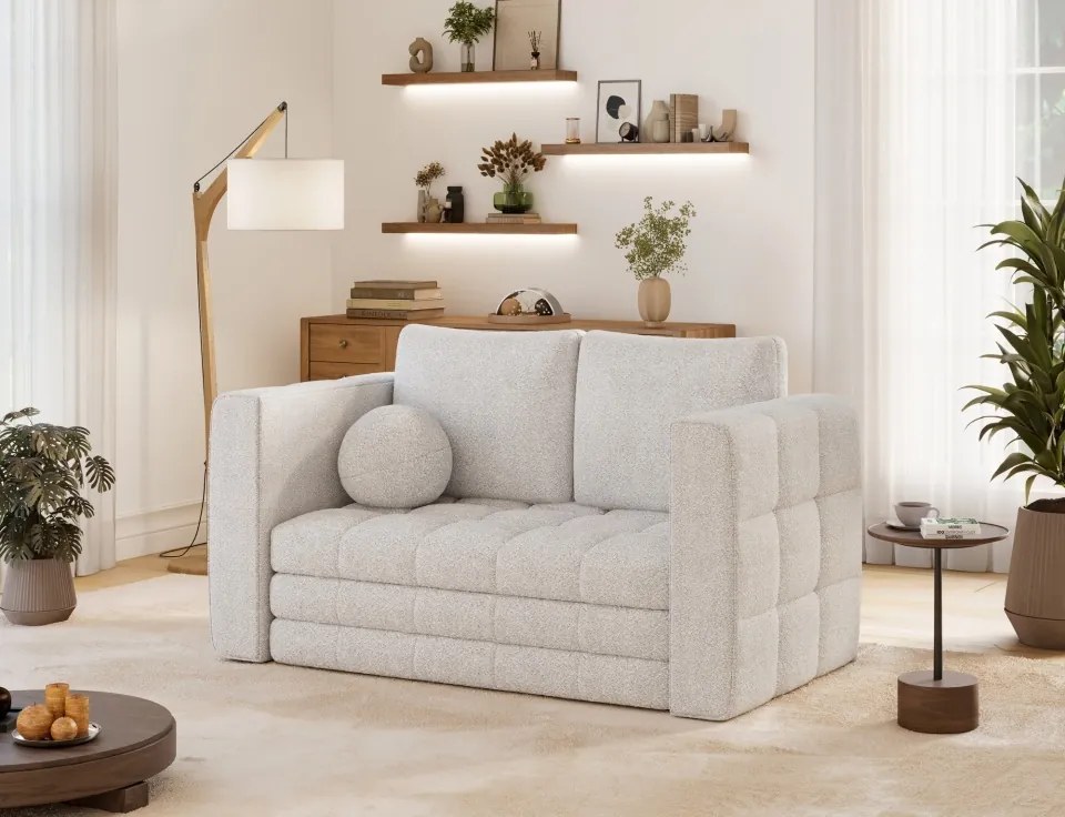 Canapea Kastol , alb bouclé extensibil, 137x71x74 cm – Royal 01