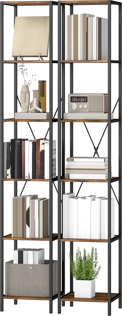 HOMCOM Set de 2 rafturi cu 6 polițe, cadru din oțel, pentru living, birou, dormitor, Maro-Rustic | Aosom Romania