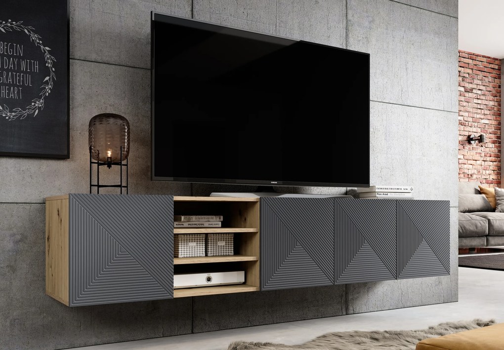 Dulap TV suspendat Asha 200 cm, partea frontală riflat și nișă – stejar artisan / rivier stone mat