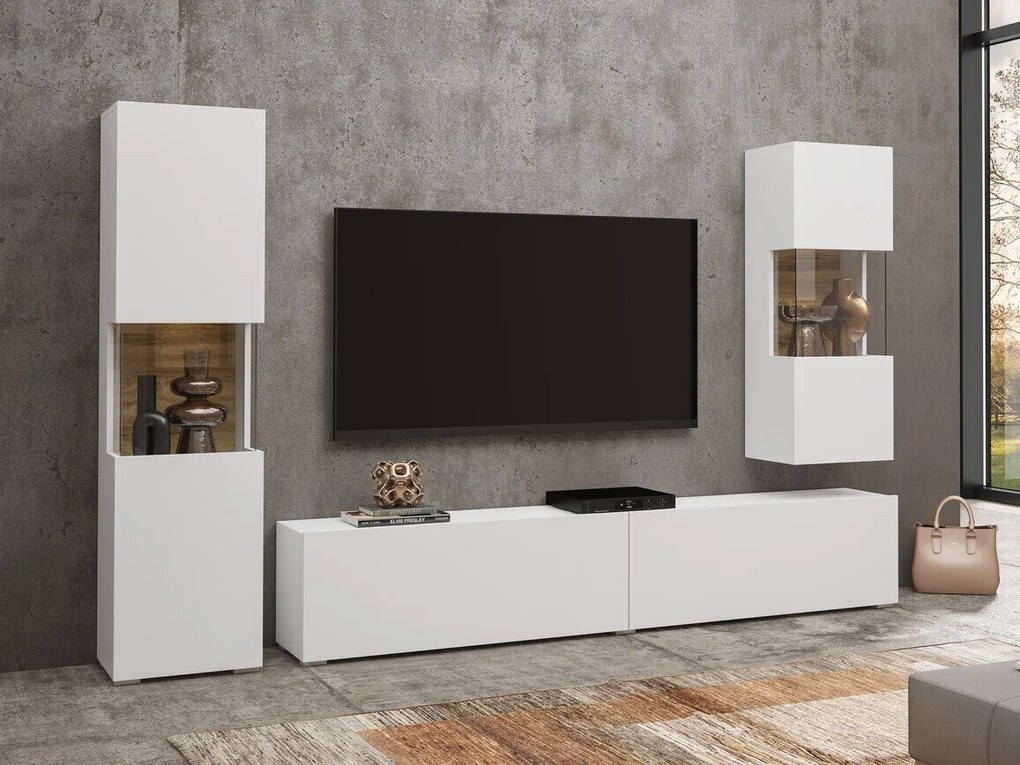 Mobilă pentru sufragerie Austin AR106Wotan stejar, Alb, Cu componente suplimentare, Părți separate, Cu comodă tv, PAL laminat, Sticlă călită, 216x30cm