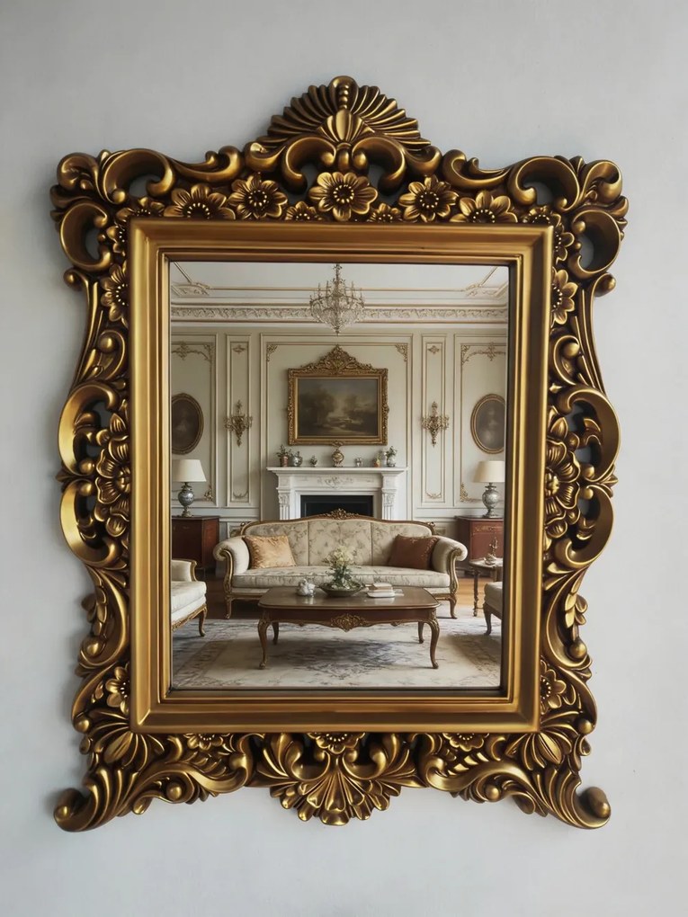Oglindă decorativă de perete, ramă aurie antichizată, 64 × 84 cm