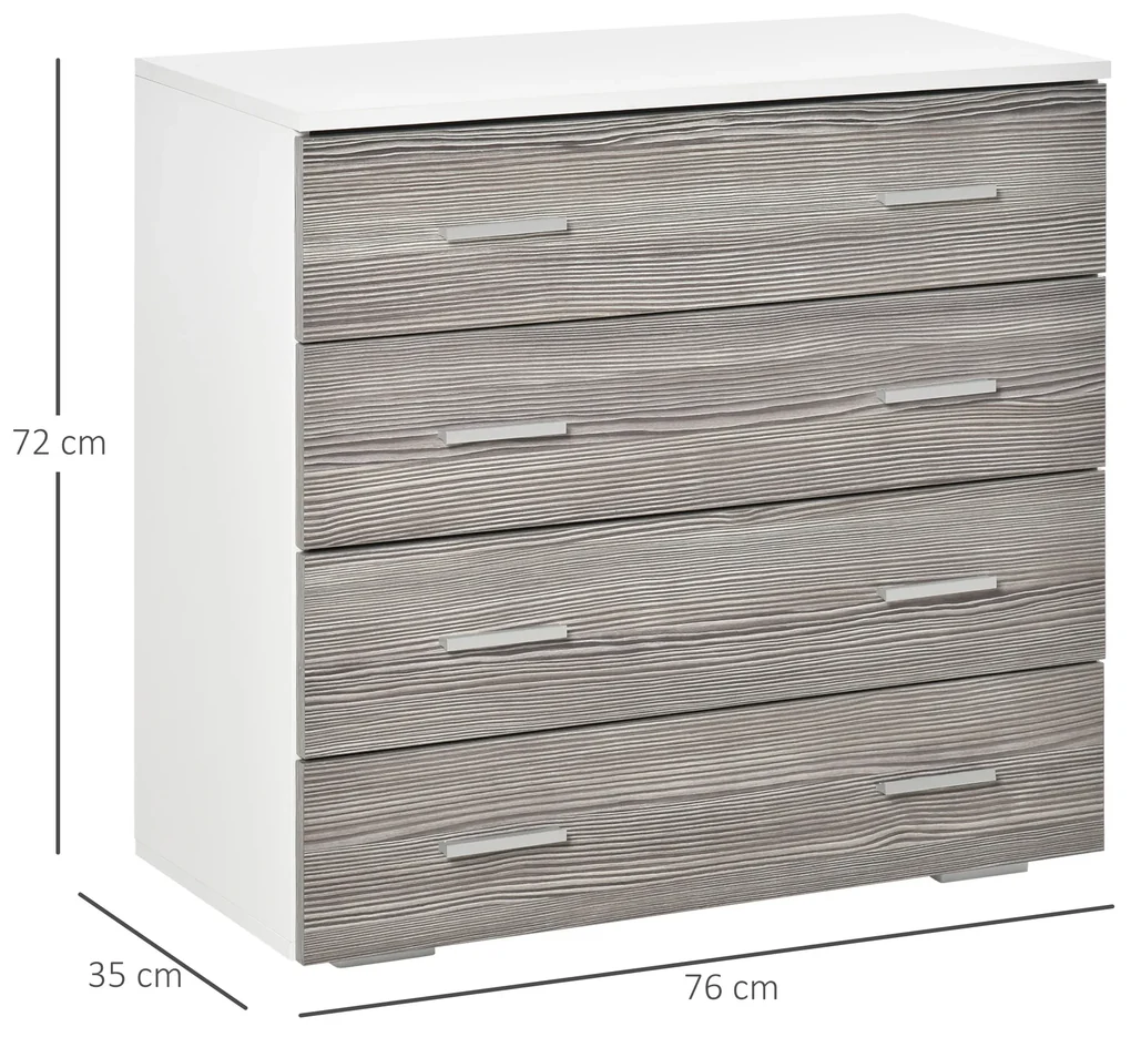 HOMCOM Comodă Modernă cu 4 Sertare, Manere din Aluminiu, Structură din Lemn, 76x35x72 cm, Alb și Gri | Aosom Romania
