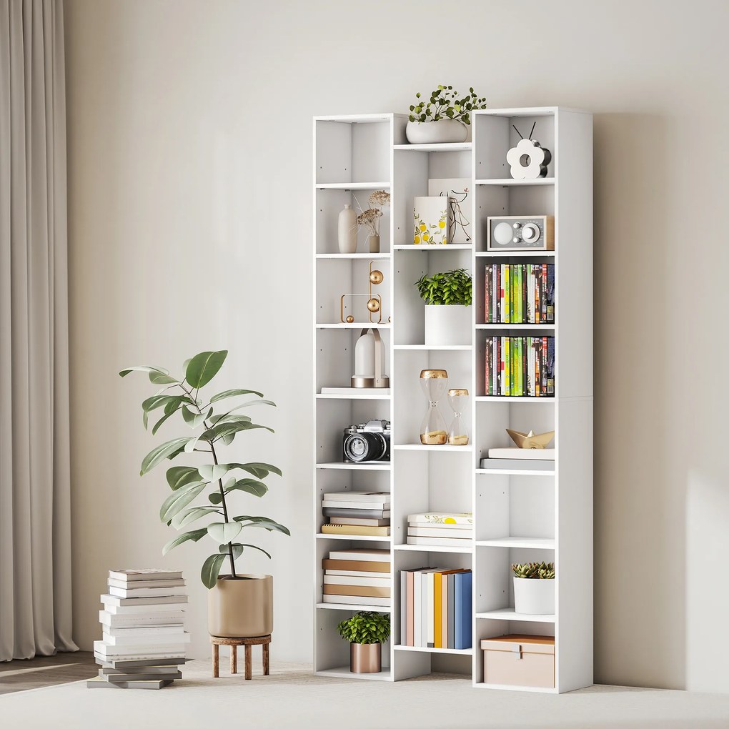 HOMCOM Bibliotecă Modernă din Lemn, Înălțime 181 cm, cu 21 Compartimente și 10 Rafturi Reglabile, Alb | Aosom Romania