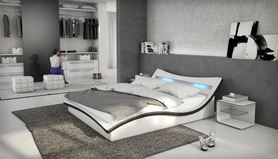 Pat din imitatie de piele cu lumini LED 190x247x71 cm alb