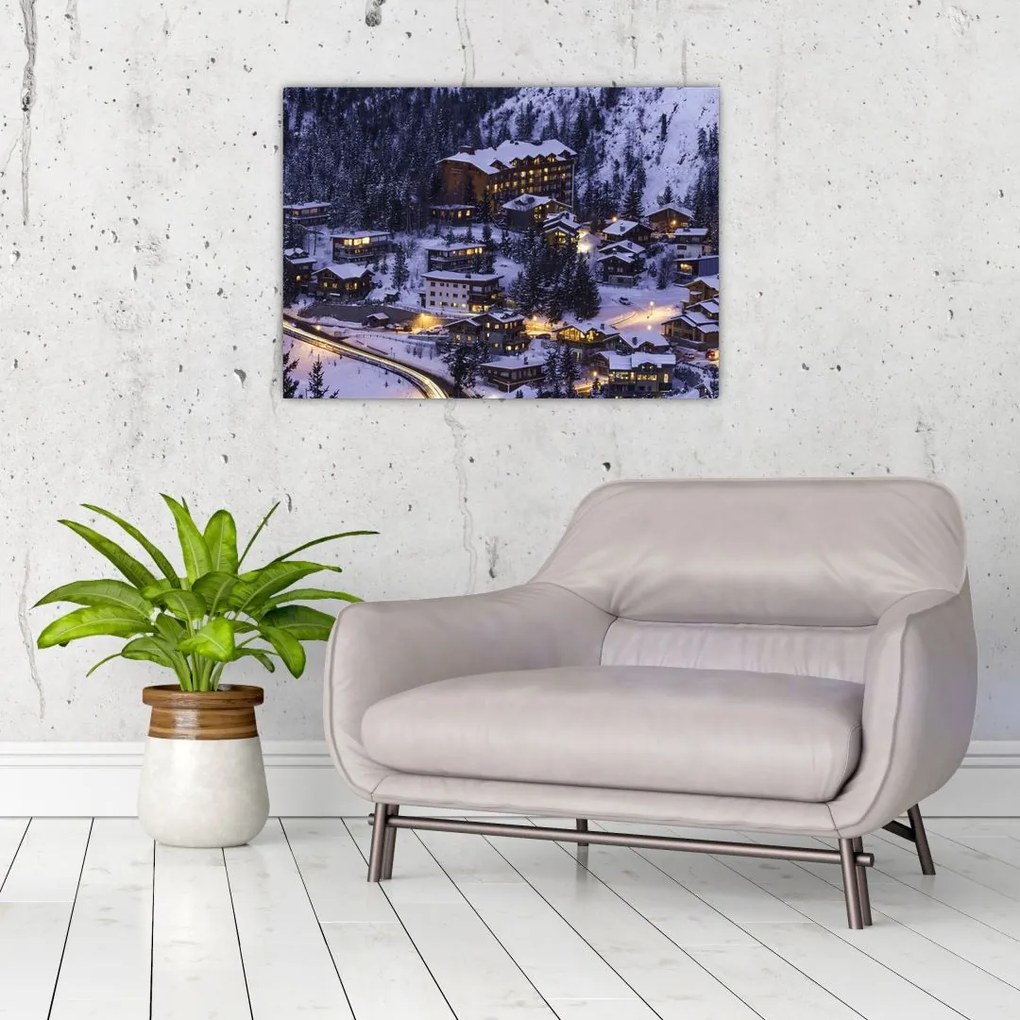 Tablou pe sticlă - orășelul montan iarna (70x50 cm)