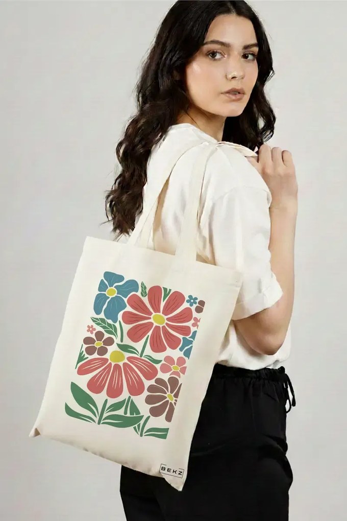Sacosa de Panza pentru Cumparaturi, Geanta Tote Boho Style 8, 38x34.5 cm, Alba, BEKZ®