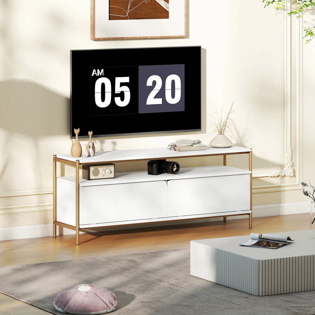 HOMCOM Suport TV meuble télé pentru televizor de până la 55 de inch cu 2 uși rabatabile și raft deschis, 124x35x50 cm, alb | Aosom Romania