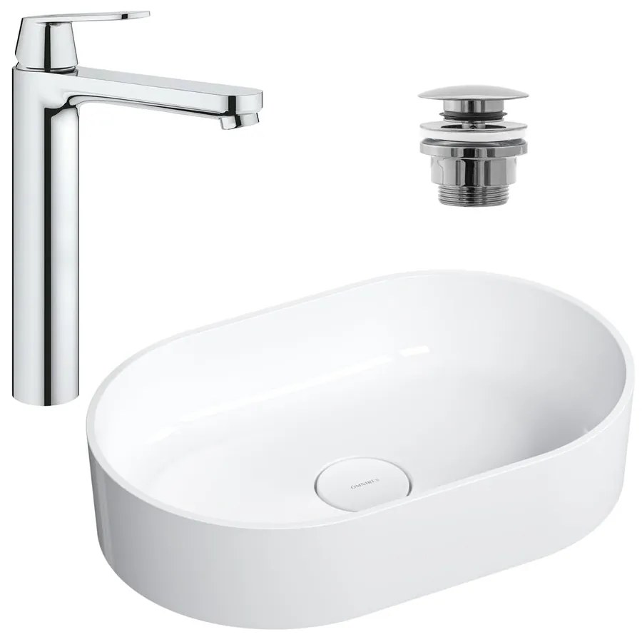 Pachet lavoar pe blat Omnires Ovo M+ alb 55 cm, baterie lavoar Grohe Eurosmart Cosmopolitan XL crom si ventil lavoar Click-Clack crom