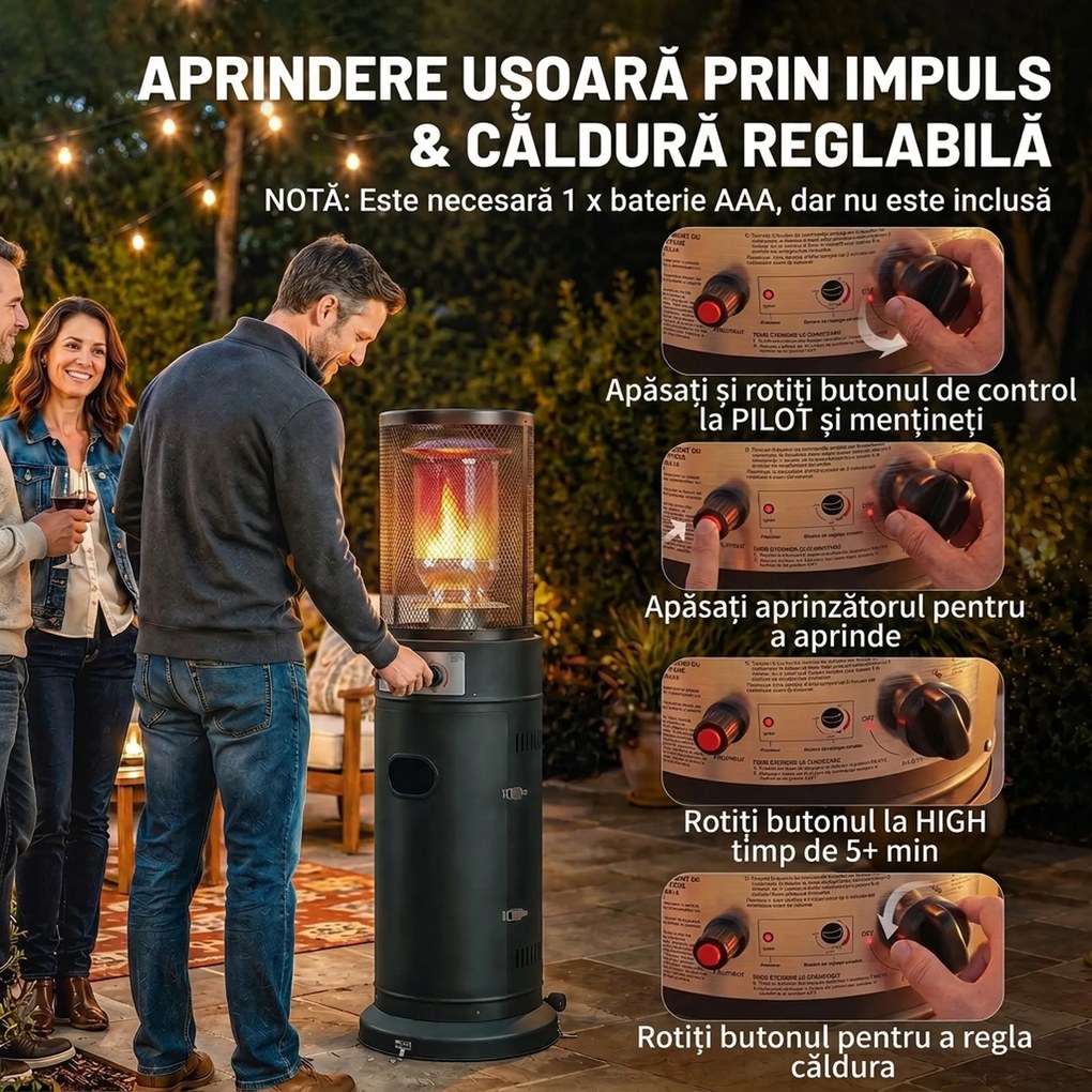 Outsunny Încălzitor de Terasă pe Gaz 11 kW, Portabil, cu Roți, Negru | Aosom Romania
