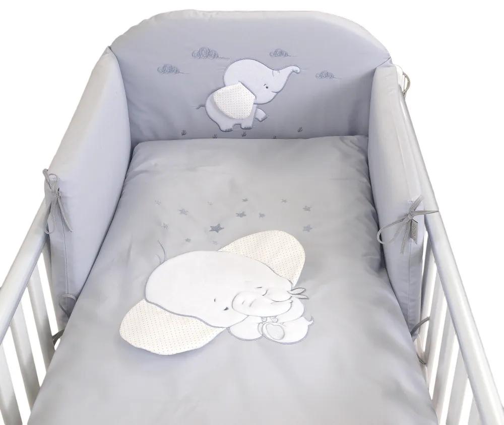 Set lenjerie din bumbac cu protectie laterala pentru pat bebelusi Elephant Grey 120 x 60 cm