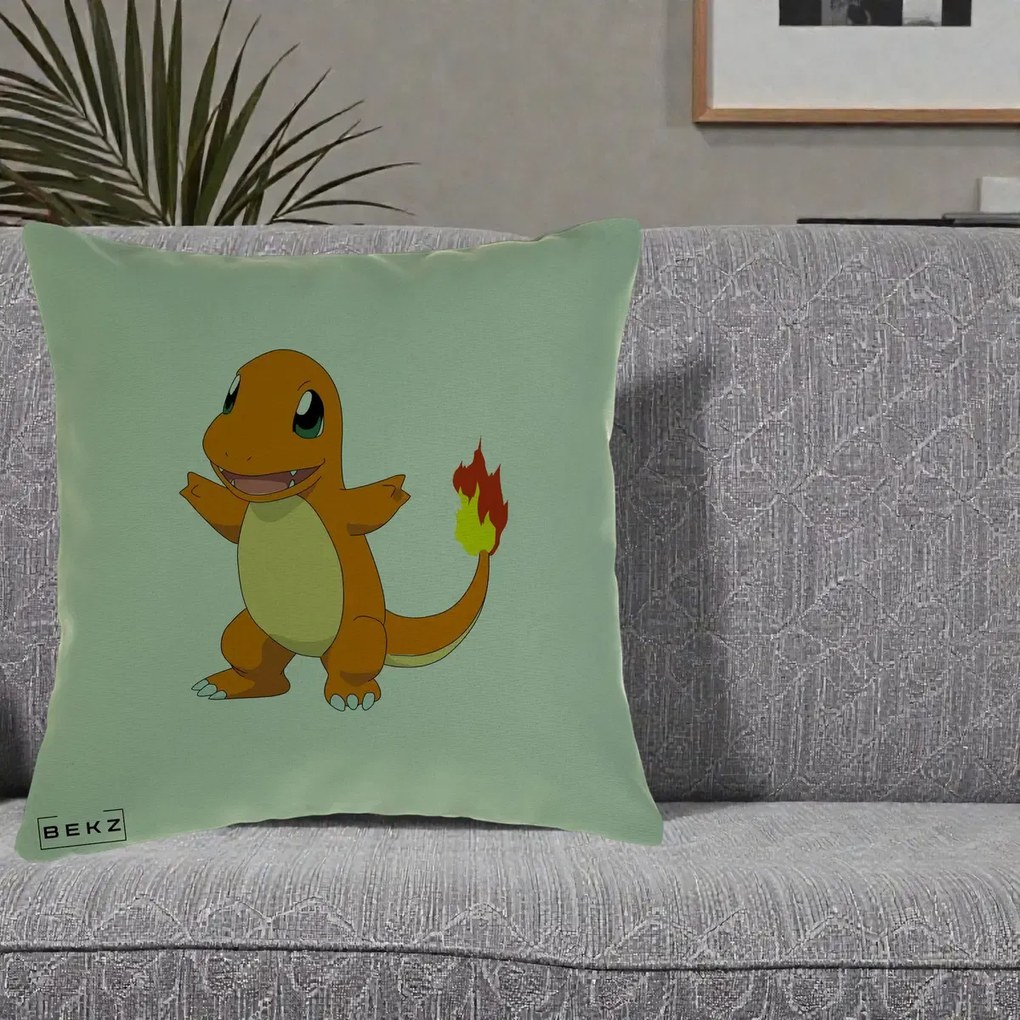 Perna Personalizata Charmander Pokemon, 40x40 cm, Verde, Husa Detasabila, Perna Inclusa, BEKZ®
