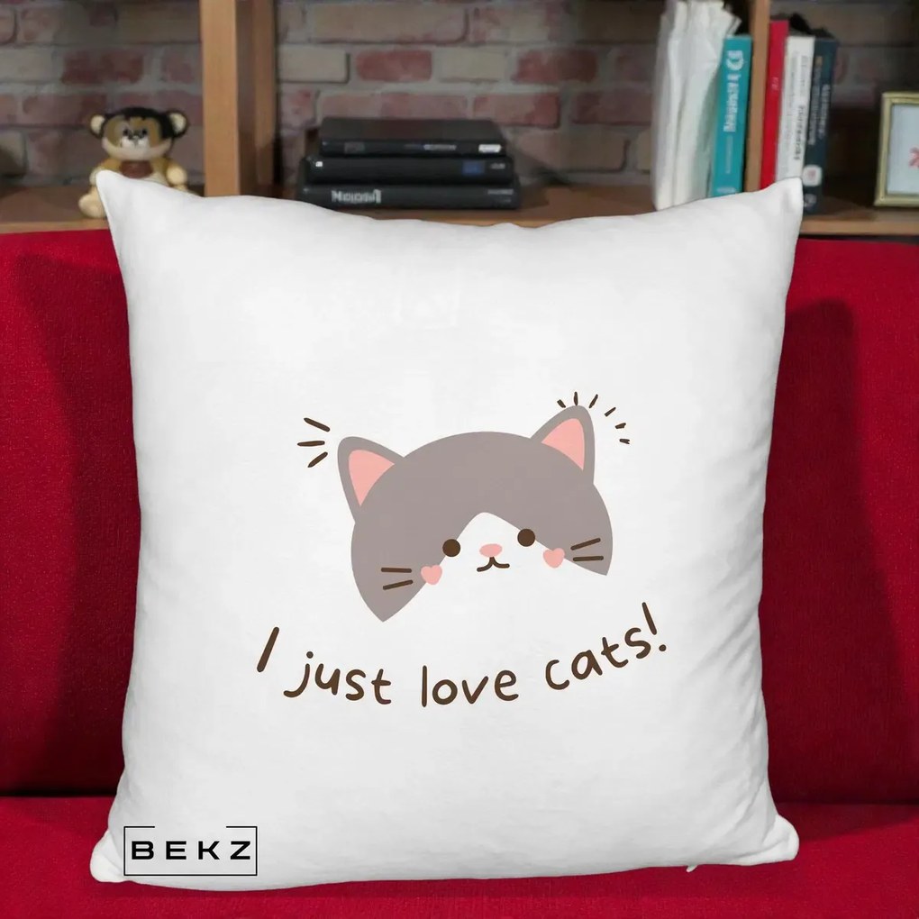 Perna Personalizata I Just Love Cats Pisica Kawaii, 40x40 cm, Alb Pufos, Husa Detasabila, Perna Inclusa, BEKZ®