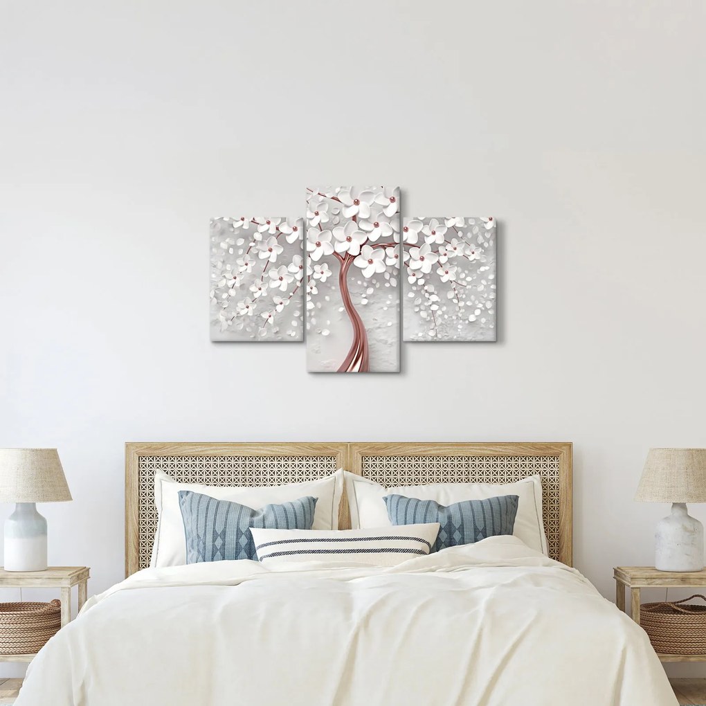 Tablou - Imaginea copacului alb cu flori albe, rosegold (90x60 cm)