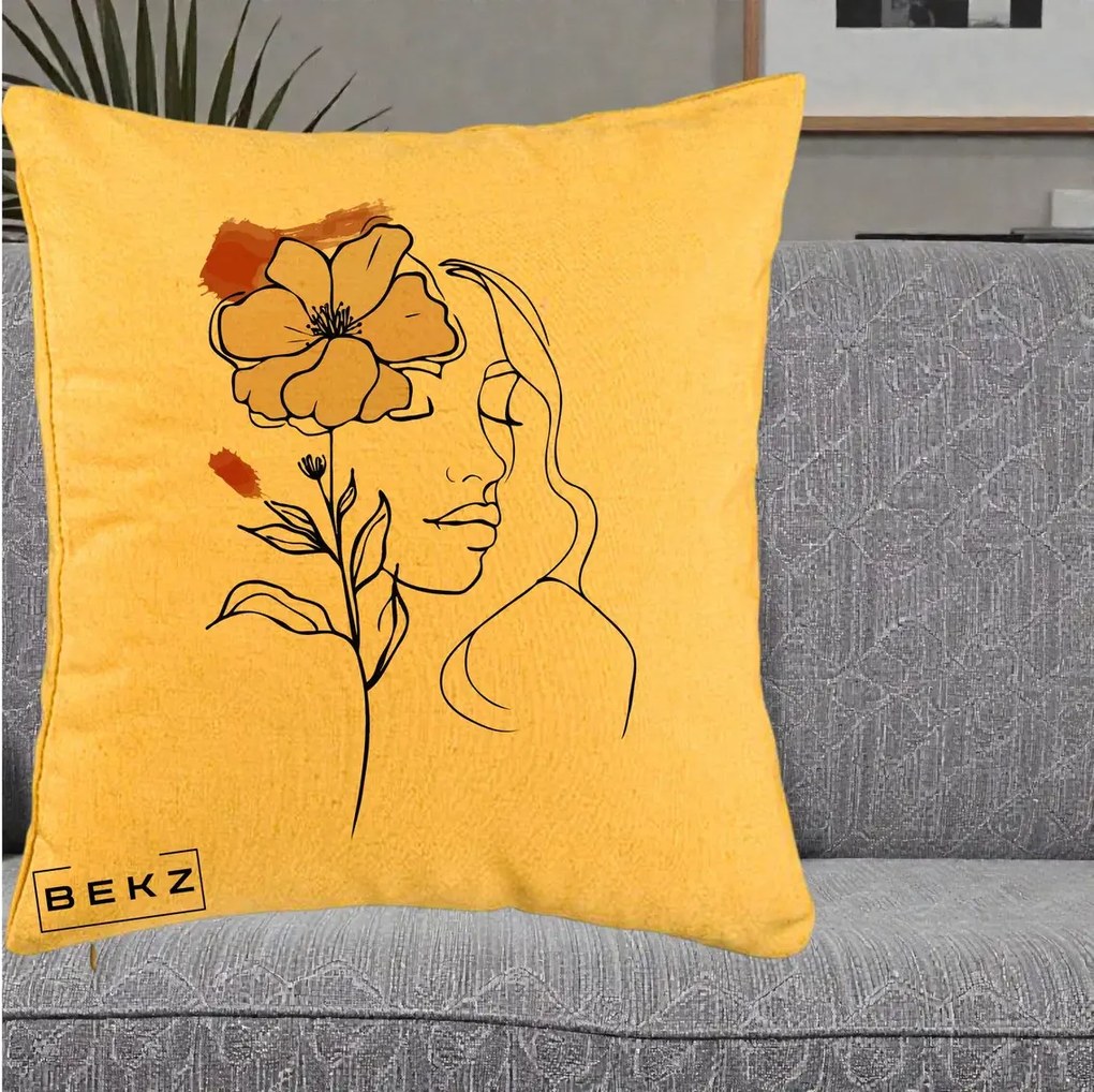 Perna Decorativa Portret Feminin Floare Bej Terracotta, 40x40 cm, Galben, Husa Detasabila, Perna Inclusa, BEKZ®