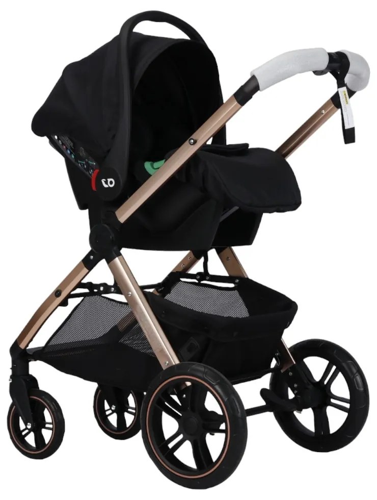 Carucior nou nascuti 3 in 1 NOVOKIDS™ X2000 series, Cu geanta bebe, Cadru Aluminiu Gold, Amortizoare, Roti din cauciuc plin AVE, Landou, Scoica auto,