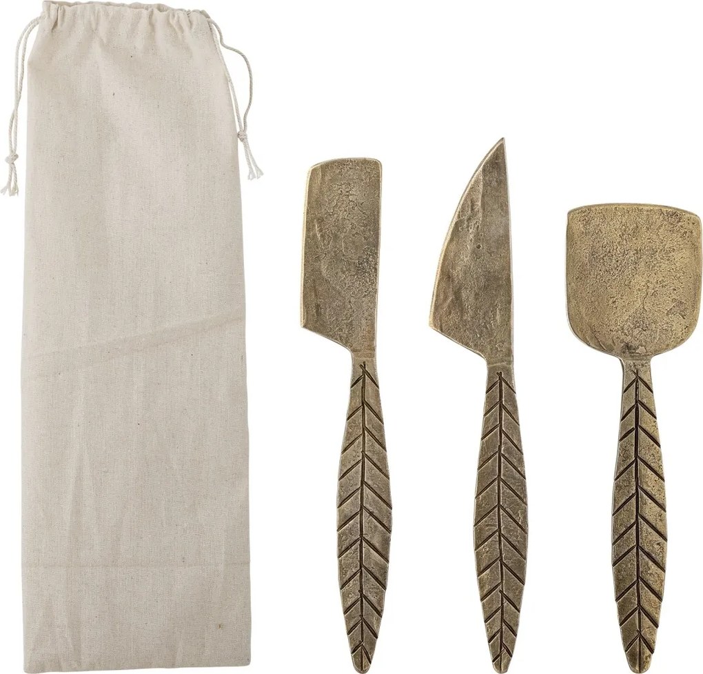 Set 3 ustensile pentru brânză din metal, alamă, mânere în formă de frunză cu desen în relief, finisaj lăcuit, 19 x 5 cm, „Citra”