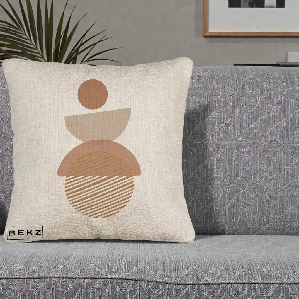 Perna Decorativa Geometric Boho Forme Terracotta, 40x40 cm, Bej Canapea, Husa Detasabila, Perna Inclusa, BEKZ®