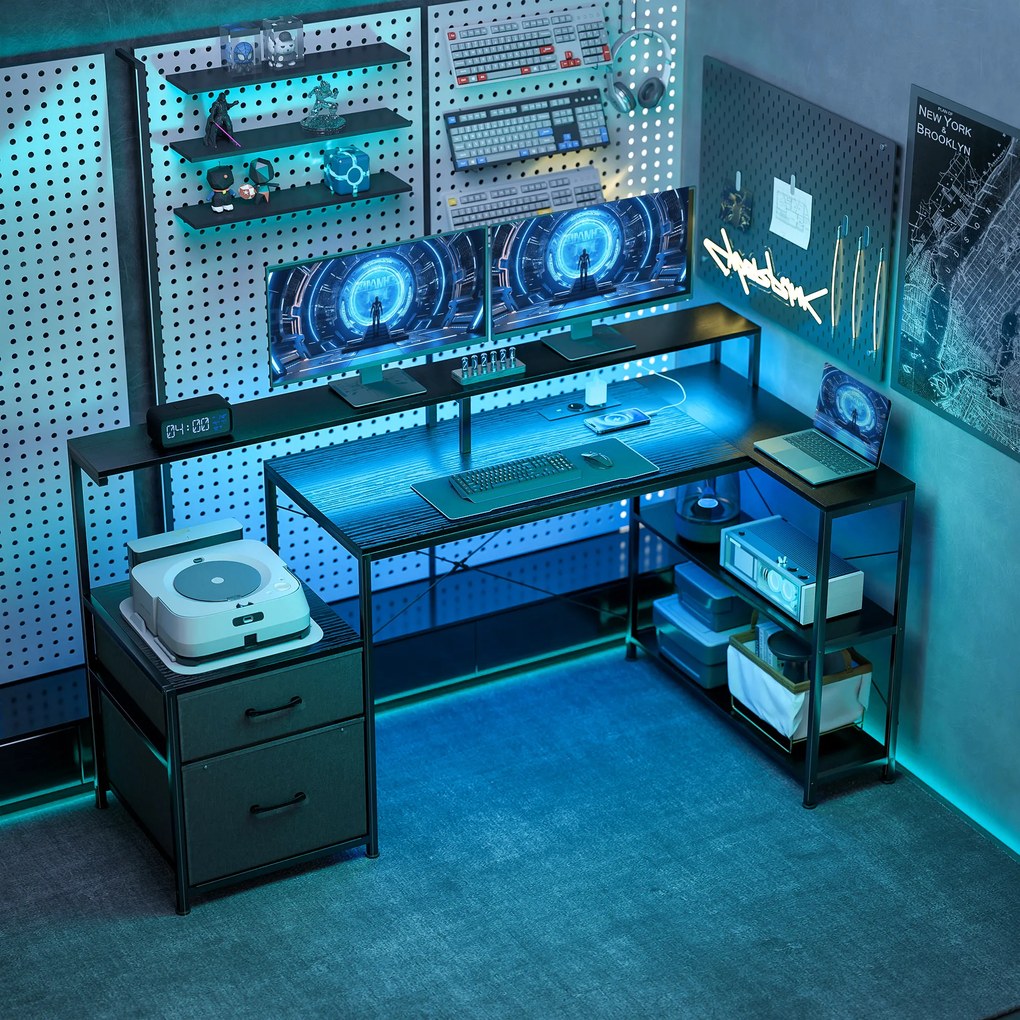 HOMCOM Birou Gaming în formă de L cu prize multiple, LED-uri, 165x80 cm, birou PC cu 2 sertare din material textil, 2 rafturi deschise, măsuță laterală și 2 suporturi monitor, din PAL și oțel, Negru | Aosom Romania