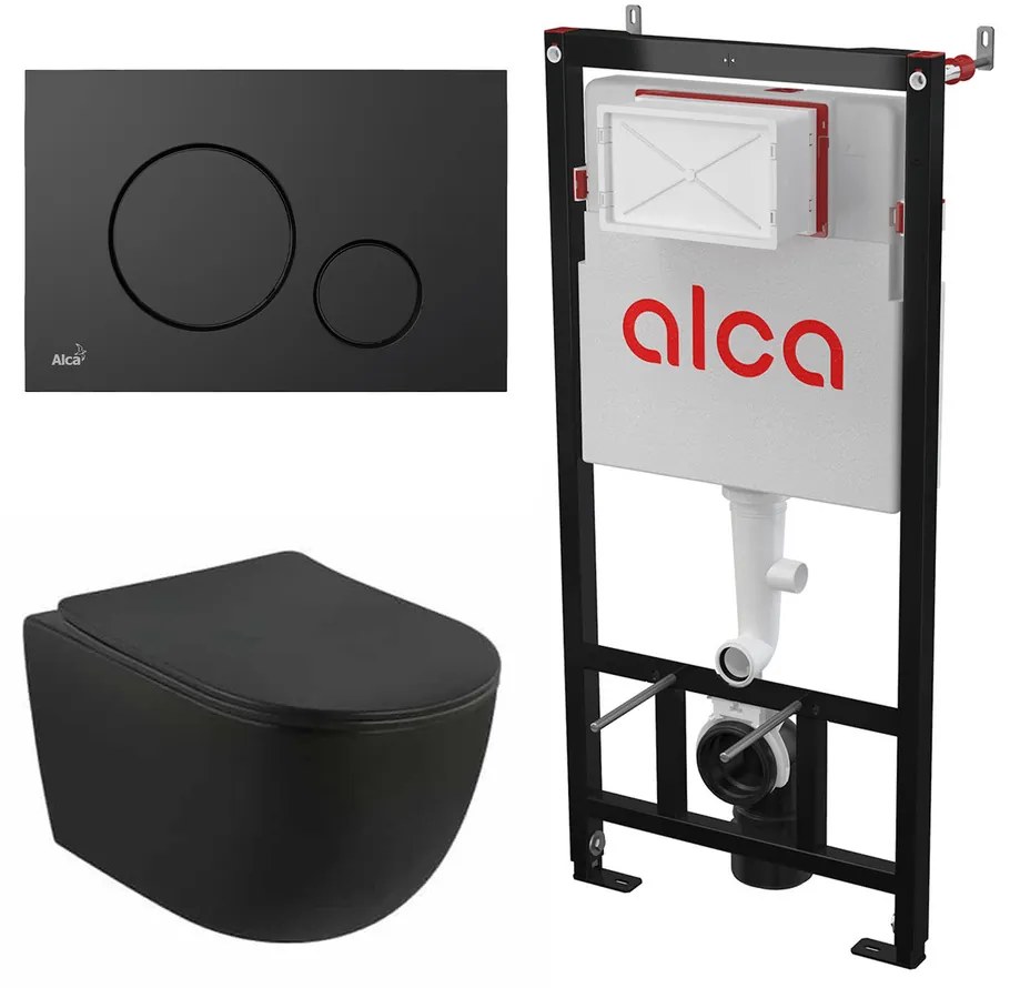 Set rezervor WC cu cadru incastrat Alca AM101/1120 si clapeta M678 negru plus vas WC Fluminia Minerva cu capac softclose