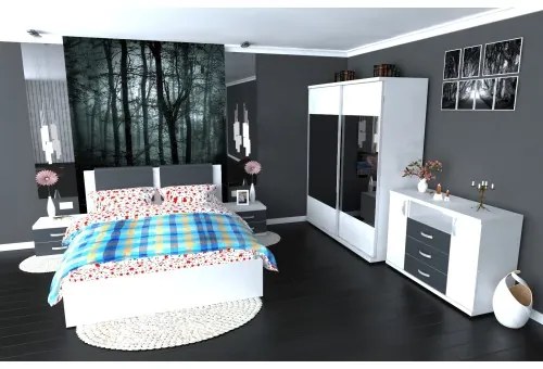 Dormitor Laguna cu pat 140x200 cu 2 sertare Alb cu Gri
