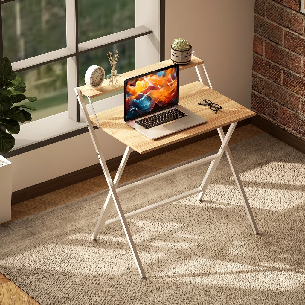 Birou HOMCOM pliant compact, suport monitor, lemn natural | Aosom Romania