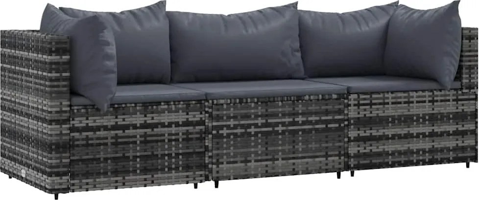 vidaXL Set mobilier de grădină cu perne, 3 piese, gri, poliratan