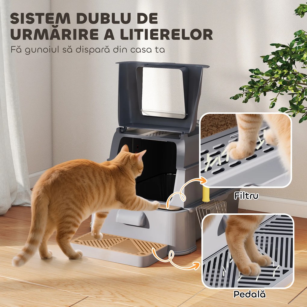 PawHut Litieră Închisă de 80L pentru Pisici cu Tavă Detașabilă, în ABS și Oțel Inoxidabil, 63x43x43 cm, Gri Închis | Aosom Romania