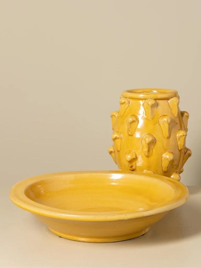 Set vază și farfurie din ceramică artizanală galbenă cu detalii sculptate în relief, finisaj lucios, 24×30 cm, „Soleil"