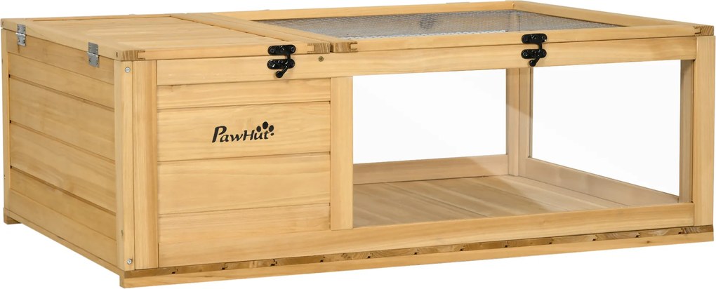 PawHut Cușcă pentru animale mici, broaște țestoase, cu 2 spații 91 x 60,5 x 32 cm lemn masiv galben deschis | Aosom Romania
