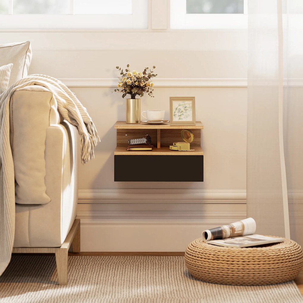 HOMCOM Set 2 Noptiere Suspendate pentru Dormitor, Design Modern cu Sertar și Raft, din Lemn, 35x32x22.5cm, Stejar și Negru | Aosom Romania