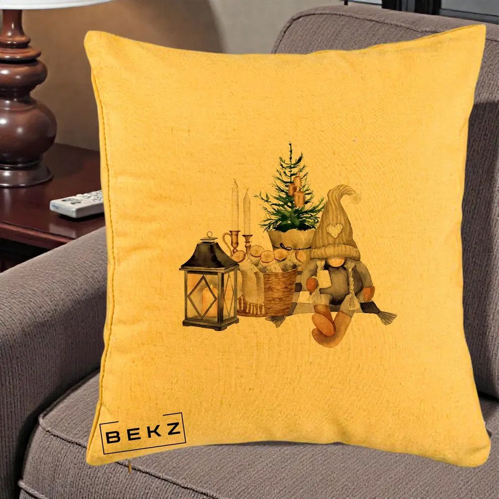 Perna Decorativa Gnom Scandinav cu Felinar, 40x40 cm, Galben, Husa Detasabila, Perna Inclusa, BEKZ®