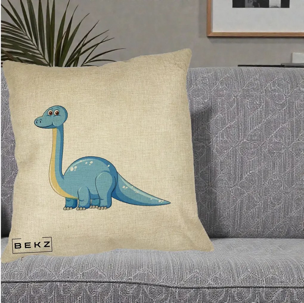 Perna Personalizata Brontosaur Albastru, 40x40 cm, Crem, Husa Detasabila, Perna Inclusa, BEKZ®