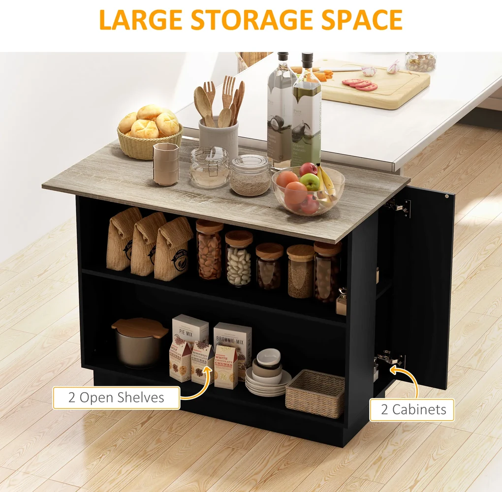 HOMCOM Insulă de Bucătărie cu Bar, Cărucior de Bucătărie cu 2 Compartimente Deschise și 2 Dulapuri, 105x60x82 cm, Negru | Aosom Romania