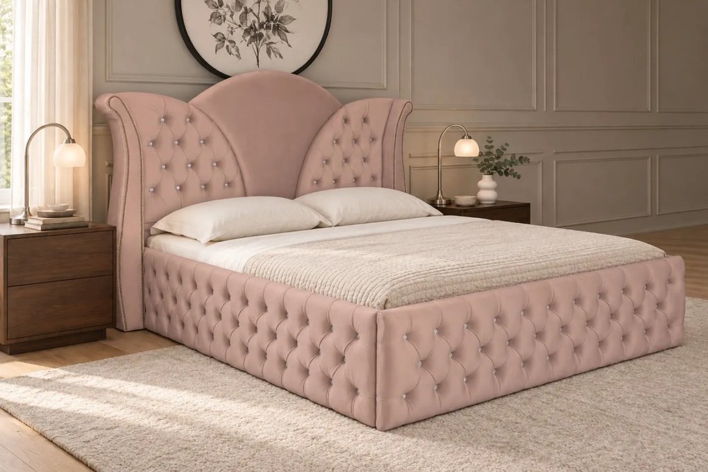 Pat tapițat Chesterfield din catifea Velora Deluxe 160×200 cm, cappuccino, cu ladă de depozitare